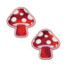 Pair of shiny red and white polka dot mushroom-shaped glow-in-the-dark nipple pasties on white background.