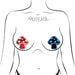 Illustration of a torso wearing Pastease mushroom-shaped nipple pasties, one red with white spots and one blue with black spots.