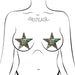 Illustration of a torso wearing star-shaped nipple pasties in military multi-cam camouflage pattern by Pastease.