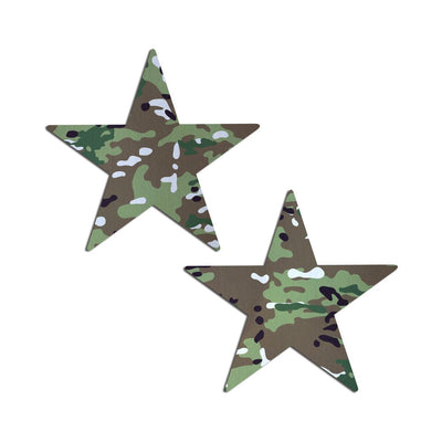 Pair of star-shaped nipple pasties with military multi-camouflage pattern on white background.