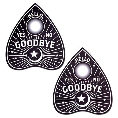 Pair of black Ouija planchette shaped nipple pasties with white mystical symbols and text including hello, yes, no, and goodbye.