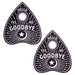 Pair of black Ouija planchette shaped nipple pasties with white mystical symbols and text including hello, yes, no, and goodbye.