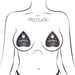 Illustration of a torso wearing Pastease Ouija Planchette shaped black nipple pasties with white text and star details.