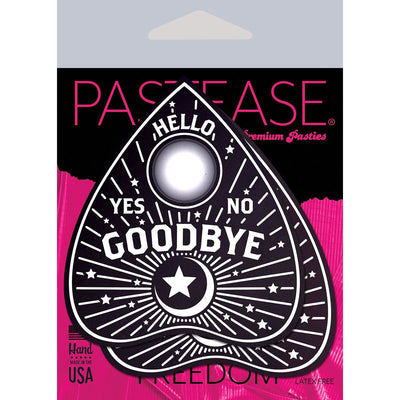 Pastease Ouija Planchette shaped black and white nipple pasties with mystical design and text on pink and black packaging.