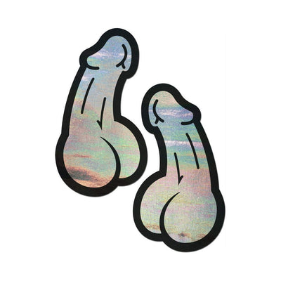 Holographic silver penis-shaped nipple pasties with black outline, designed for playful and bold wear.