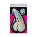 Holographic silver penis-shaped nipple pasties with black outline on bright pink and black packaging.