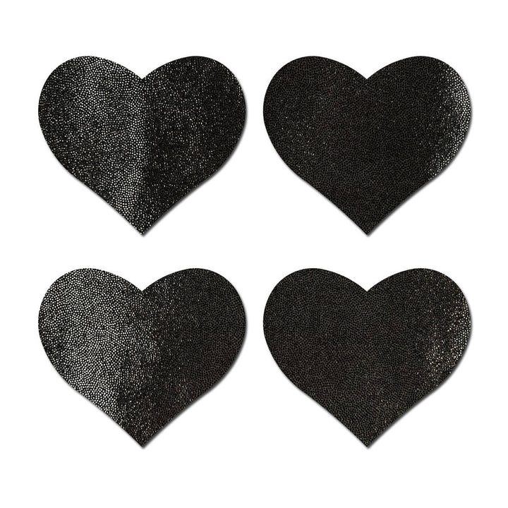 Four black heart-shaped adhesive nipple pasties with a subtle textured finish arranged on a white background.