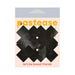 Pack of two pairs of black liquid cross-shaped nipple pasties by Pastease on peach background packaging.