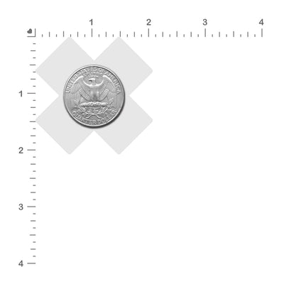 Two small black liquid cross nipple pasties with a US quarter coin on top for size comparison on a white background with measurement grid.