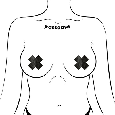 Illustration of a torso wearing black liquid cross-shaped nipple pasties on each breast.