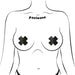 Illustration of a torso wearing black liquid cross-shaped nipple pasties on each breast.
