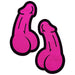 Pair of neon pink novelty nipple pasties with black outline, shaped like cartoon-style penises.