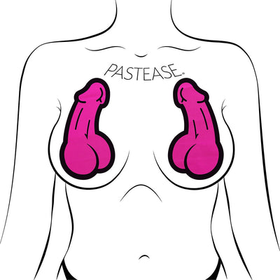Illustration of neon pink novelty nipple pasties shaped like penises on a stylized female chest outline.
