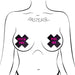 Illustration of black X-shaped nipple pasties with pink bold text "Fuck You" and "Pay Me" on a stylized female chest outline.