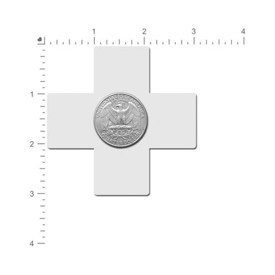 Neon green lycra cross-shaped nipple pasty with a US quarter coin on top for size reference against a ruler background.