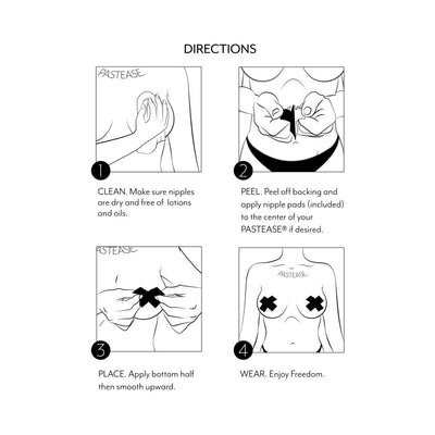 Illustrated step-by-step directions for applying Pastease Plus X neon green cross nipple pasties on a bare chest.
