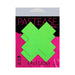 Pastease Plus X neon green day-glow lycra cross nipple pasties in black and pink packaging, handmade in the USA.