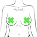 Illustration of neon green cross-shaped nipple pasties applied on a female chest outline with Pastease branding.