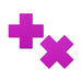 Pair of neon purple cross-shaped nipple pasties made from smooth Lycra fabric on a white background.