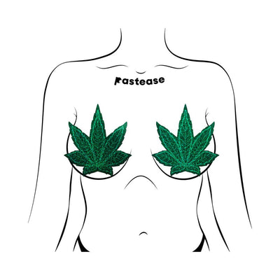 Illustration of green glitter pot leaf shaped pasties on a stylized female torso for fuller coverage.