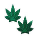 Pair of green glittery pot leaf shaped fuller coverage adhesive pasties on white background