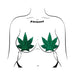 Illustration of green glitter pot leaf-shaped pasties providing fuller breast coverage on a stylized female torso.