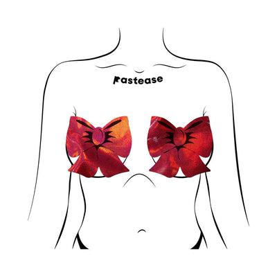 Illustration of red holographic bow-shaped fuller coverage pasties on a stylized female torso.