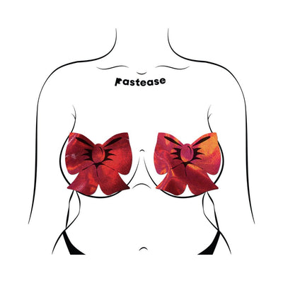 Illustration of red holographic bow-shaped fuller coverage pasties on a stylized female torso.