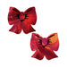 Pair of red holographic bow-shaped fuller coverage pasties with black detailing on white background