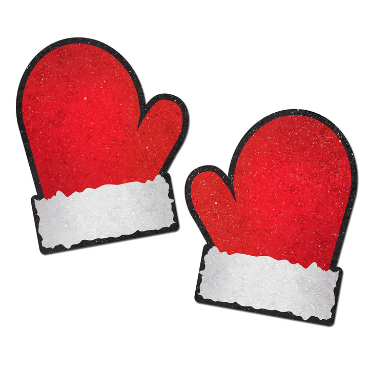 Red and white glittery Santa mitten-shaped nipple pasties with black outline on white background.