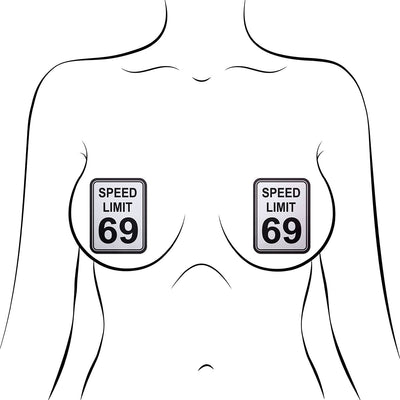 Illustration of a torso wearing Pastease Speed Limit 69 nipple pasties designed as road signs.