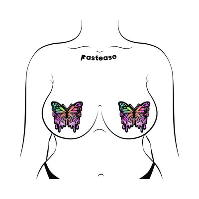 Illustration of a torso wearing Pastease Trippy Butterfly Melt Rainbow Glitter nipple pasties with colorful dripping butterfly design.