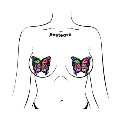Illustration of rainbow glitter butterfly-shaped nipple pasties on a stylized female torso.