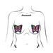 Illustration of rainbow glitter butterfly-shaped nipple pasties on a stylized female torso.