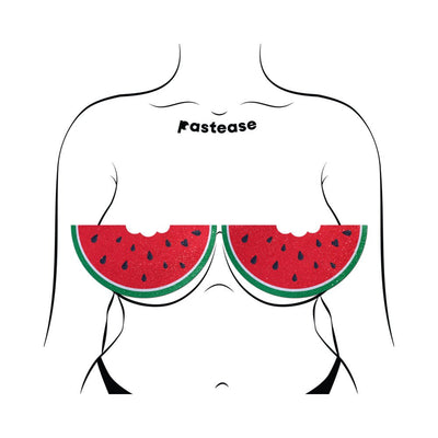 Illustration of watermelon slice pasties with a bite detail, worn as full coverage breast pasties on a stylized female torso.
