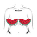 Illustration of watermelon slice pasties with a bite detail, worn as full coverage breast pasties on a stylized female torso.