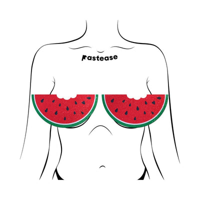 Illustration of a torso wearing Pastease full coverage watermelon slice pasties with a bite design and glitter velvet texture.