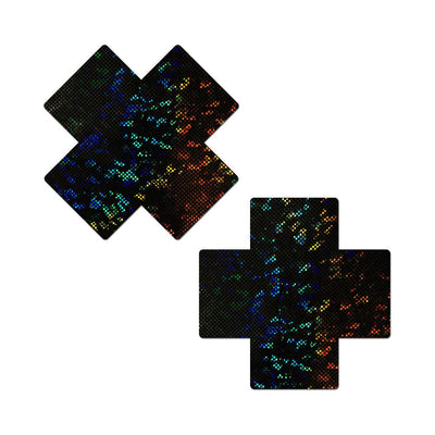 Pair of black disco ball style fuller coverage adhesive pasties with holographic rainbow shimmer in cross shape