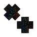 Pair of black disco ball style fuller coverage adhesive pasties with holographic rainbow shimmer in cross shape