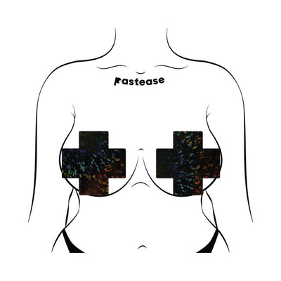 Illustration of a torso wearing black disco ball fuller coverage cross-shaped pasties with adhesive side wings for lift and support.