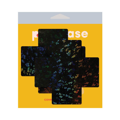 Pastease X Black Disco Ball fuller coverage pasties with holographic black sequin design on yellow backing card.