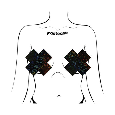 Illustration of a torso wearing black disco ball fuller coverage cross-shaped pasties by Pastease.