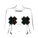 Illustration of a torso wearing black disco ball fuller coverage cross-shaped pasties by Pastease.