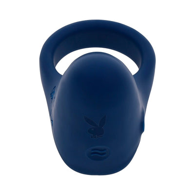 Blue silicone vibrating ring with rounded tip and Playboy bunny logo on top, designed for couples play.