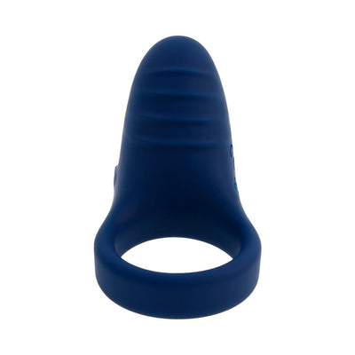 Blue silicone vibrating ring with textured rounded tip and smooth band for intimate couples play.