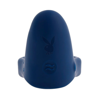 Blue silicone vibrating ring with Playboy bunny logo and control button, designed for intimate couples play.