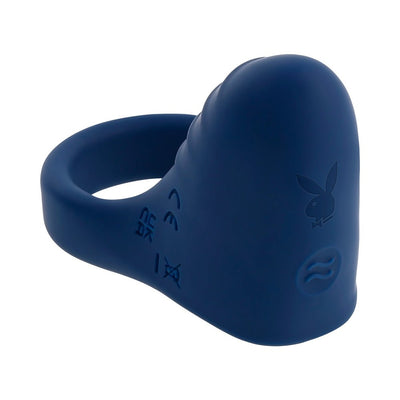 Blue silicone vibrating ring with textured rounded tip and embossed Playboy logo on white background
