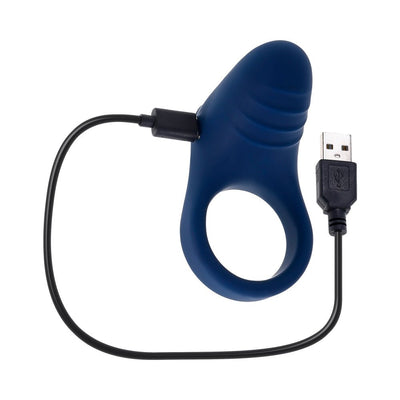 Blue silicone vibrating ring with USB charging cable attached on white background