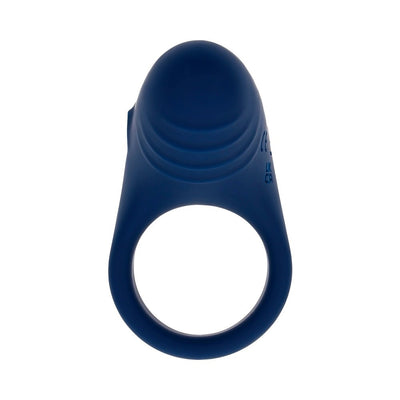 Blue flexible silicone vibrating ring with rounded textured top and circular base.