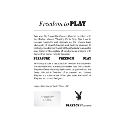 Text panel describing the Playboy Pleasure Point Blue vibrating silicone ring with product features, dimensions, and brand logo.